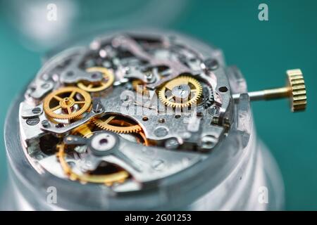 Clock mechanism close up. Mechanical watch, internal structure Stock Photo