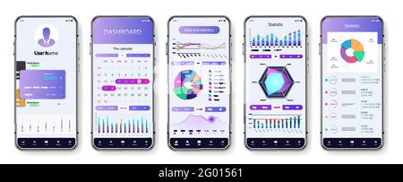 Light application interface for mobile phone. UI screens with dashboard, pie charts, infographics, diagrams and statistic. App mockup with investment Stock Vector