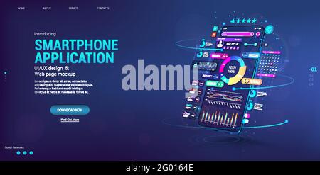 Web banner Business App with smartphone in perspective position. Financial analysis and data statistic. Presentation concept App, UI, UX design Stock Vector