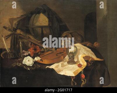 Vanitas Still Life. Vanitas Still Life. On a table are a violin, a crucifix, a skull, flowers, a roemer, a paper with leakage stamps, books, a square and a globe. Stock Photo