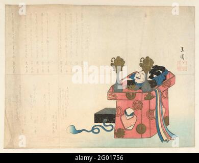Still life. Still life with text on the left half and on the right half a table with two vases and a box with two masks. Stock Photo