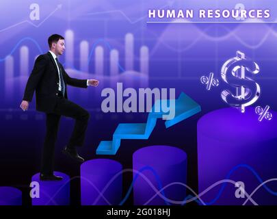 Business, technology, internet and network concept. Young businessman thinks over the steps for successful growth: Human resources Stock Photo