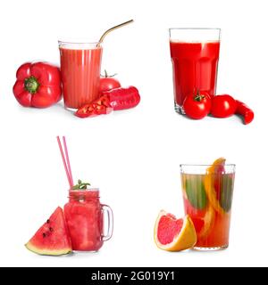 Different healthy red juices on white background Stock Photo