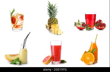 Different healthy fruit juices on white background Stock Photo