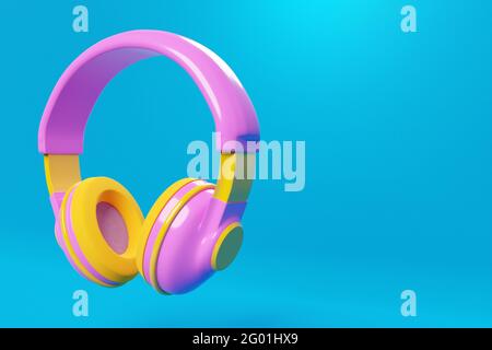 3d illustration of pink retro headphones  on  blue  isolated background on neon lights. Headphone icon illustration Stock Photo