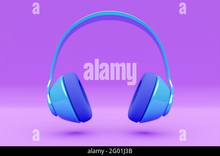 3d illustration of blue retro headphones  on  pink  isolated background on neon lights. Headphone icon illustration Stock Photo