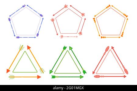 Set colorful arrows frames. Tribal native. Arrow bow in different variations triangle, pentagon. Colored vector linear shapes. Decorative elements for room, menu. For food packaging, gift paper Stock Vector