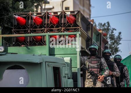 Members of Martyr Izz al-Din al-Qassam Brigades take part in a military parade in Beit Lahia, northern Gaza Strip, Palestinian Territories on May 30, 2021. Photo by Ramez Habboub/ABACAPRESS.COM Stock Photo