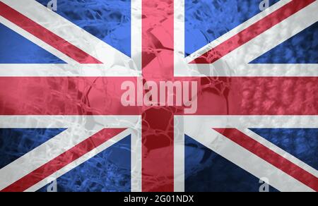 British flag with a soccer ball going inside the net. Concept of England soccer team. Stock Photo