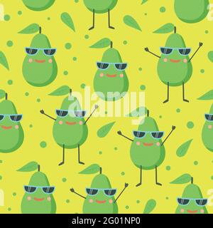 Cute seamless pattern with happy joy avocado character in sunglasses. Vector cartoon Illustration. Stock Vector