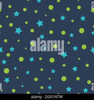 Simple minimalistic seamless pattern with green bubble circles and blue stars.  Stock Vector