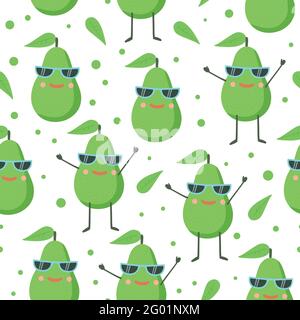 Cute seamless pattern with happy joy avocado character in sunglasses. Vector cartoon Illustration. Stock Vector