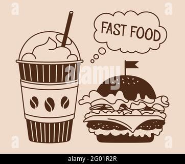 Fast food burger and soda takeaway cartoon set. Hand drawn glyph hamburger and coffee icon, sign. Card menu delicious fast food. Cheeseburger, beverage tasty unhealthy lunch. Vector illustration Stock Vector