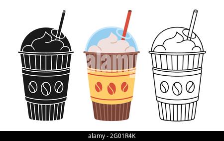 Coffee cup cartoon set line icon, black glyph trendy style. Craft doodle flat cups to go. Disposable plastic and paper tableware template hot drink with foam cup icon. Vector illustration Stock Vector
