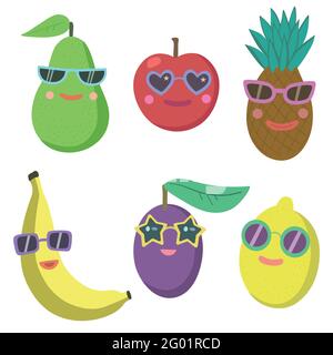 Set of joy cartoon fruits characters in sunglasses isolated on white background. Doodle vector illustration. Stock Vector