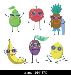 Set of joy cartoon fruits characters in sunglasses isolated on white background. Doodle vector illustration. Stock Vector