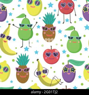 Cute seamless pattern with cartoon fruits characters in sunglasses, avocado, banana, pineapple, lemon and apple. Stock Vector