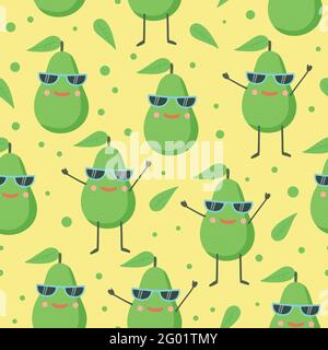 Cute seamless pattern with happy joy avocado character in sunglasses. Vector cartoon Illustration. Stock Vector