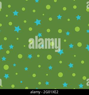 Simple minimalistic seamless pattern with green bubble circles and blue stars.  Stock Vector
