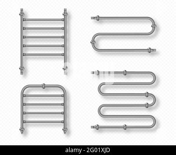 Towel rails for home bathroom and toilet room. Dryer with steel pipes, chrome radiators isolated on transparent background. Vector realistic set of 3d metal towel heaters hanging on wall Stock Vector