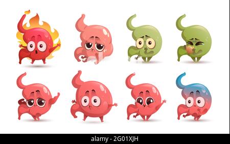 Cartoon stomach character, cute healthy and unhealthy mascot heartburn, stomachache, nausea and vomiting, swollen and happy abdomen organ demonstrate power. Health care and medicine Vector icons set Stock Vector