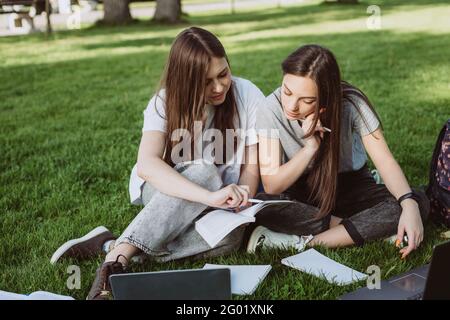 Two female students are sitting in the park on the grass with books and laptops, studying and preparing for exams. Distance education. Soft selective Stock Photo