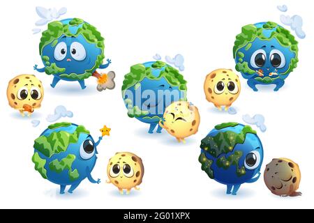 Cute planet Earth and Moon characters in different poses isolated on white background. Vector set of cartoon funny planet and satellite smile, embrace, sleep and play. Earth with volcano and clouds Stock Vector