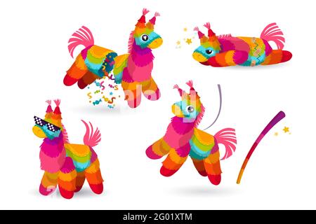Mexican donkey pinata and bat, colorful toys with treats and confetti for child birthday, party celebration, carnival or fiesta, cute paper animals for candies, Cartoon vector illustration, icons set Stock Vector