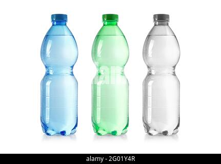 set of three  plastic water bottles isolated on white with clipping path Stock Photo