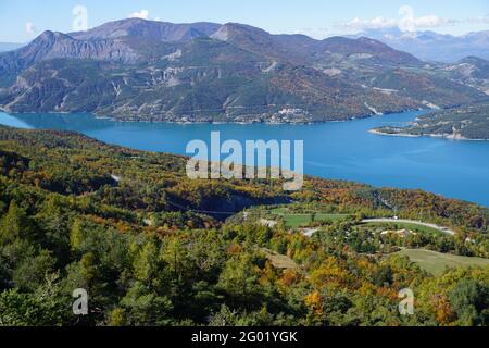 panoramic view of serre ponçon lake, france on a colorful fall day Stock Photo