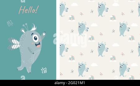 Seamless pattern and card with cute blue winged monster. Fantastic character - a boy on a light gray background with rainbows and butterflies. Vector. Stock Vector