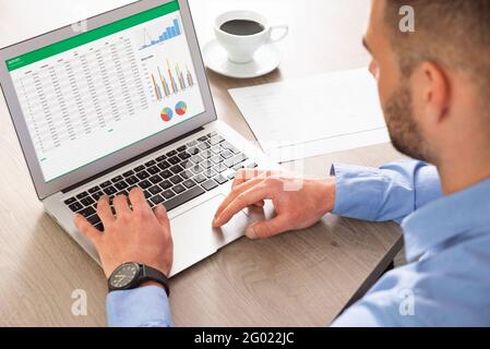 Business analytics applications on laptop. Financial data analysis concept. Business analyst works with data Stock Photo