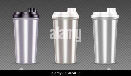 Plastic bottle for protein shake, sport drink and whey. Empty clear cups with black and white lids. Vector realistic set of 3d protein shakers for fitness nutrition isolated on transparent background Stock Vector