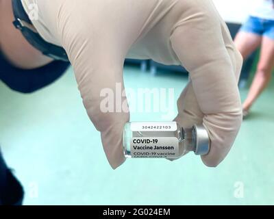 Covid 19 vaccine vial Johnson and Johnson Stock Photo