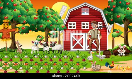 Farm scene at sunset with old farmer man and cute animals illustration ...