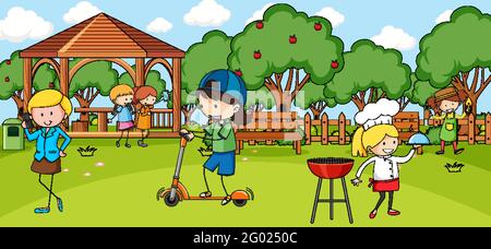 Outdoor scene with many kids playing in the park illustration Stock ...