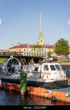 Hovercraft 'Khivus-20' for conducting rescue operations on the water. Kronverkskaya embankment. Russia Saint Petersburg 29.05.2021. pm 16.10 Stock Photo