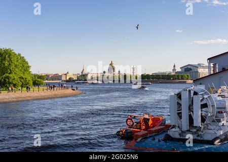 Hovercraft 'Khivus-20' for conducting rescue operations on the water. Kronverkskaya embankment. Russia Saint Petersburg 29.05.2021. pm 16.10 Stock Photo