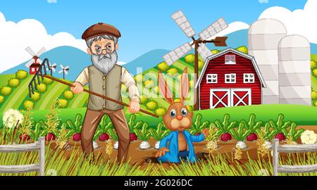 Farm scene at daytime with old farmer man and cute animals illustration ...