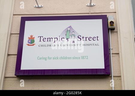 Dublin 1, Dublin City, Ireland, May 23rd 2021,Temple Street Children's University Hospital Sign Stock Photo