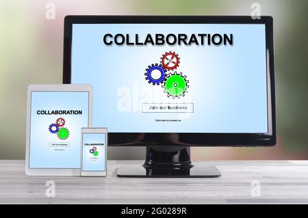 Collaboration concept shown on different information technology devices Stock Photo
