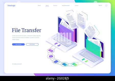 File transfer isometric landing page, digital data migration between computers. Transmission service for private information exchange, gadgets connected in computing network system, 3d vector banner Stock Vector