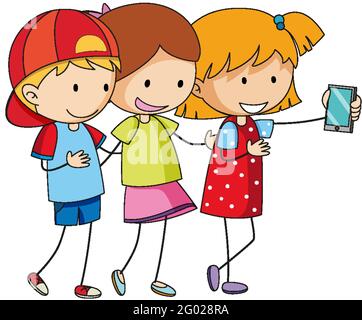 Three girls cartoon character taking a selfie in hand drawn doodle style isolated illustration Stock Vector