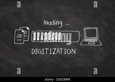 Header with a concept symbolising Digitalisation - converting paper files to digital ones as a loading bar scribbled on a chalkboard Stock Photo