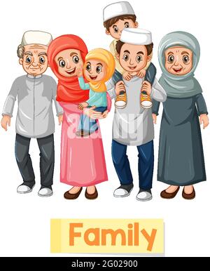 Educational English word card of muslim family members illustration Stock Vector