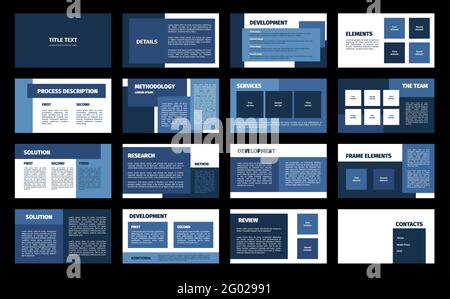 Presentation template. Blue and white rectangles flat design, 16 slides. Title, detail, development, element, process description, methodology, servic Stock Vector