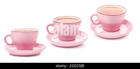 Pink cups of tea isolated on white background Stock Photo