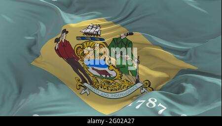 flag of Delaware waving in the wind. Patriotic concept about state. 3d illustration. Stock Photo