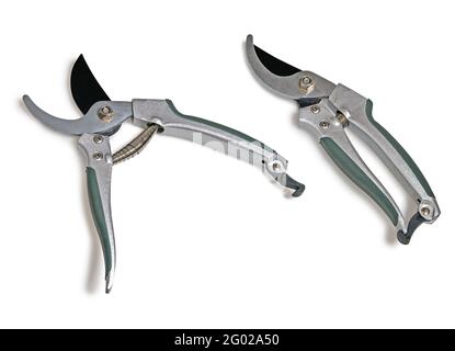 Garden scissor tool opened and closed isolated on white. Clipping path included Stock Photo