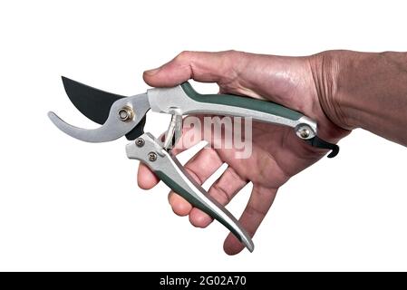 Male hand holding a Garden scissor tool isolated on white with clipping path Stock Photo